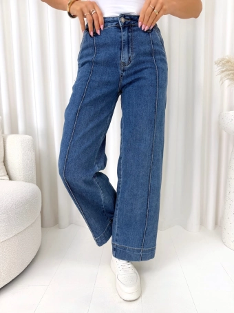 Niebieskie Jeansowe Spodnie Wide Leg z Przeszyciami 15048-154-B