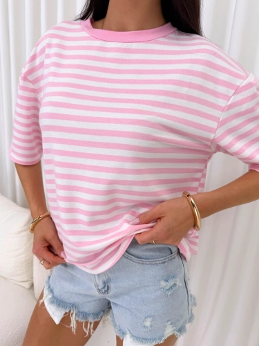 Pudrowo-Biały T-shirt w Paski  15071-263-C