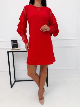 Czerwona Klasyczna Sukienka z Falbankami  15205-348-B