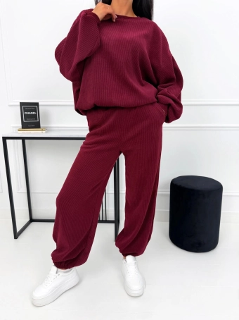 Bordowy Prążkowany Komplet Oversize 15292-527-A