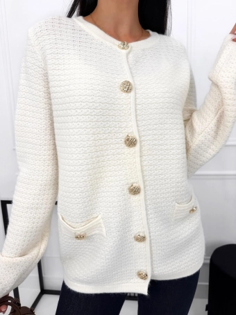 Kremowy Elegancki Rozpinany Sweterek 15297-06-G