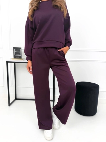 Śliwkowy Komplet Bluza + Spodnie Wide Leg  14212-288-J