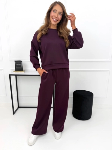 Śliwkowy Komplet Bluza + Spodnie Wide Leg  14212-288-J