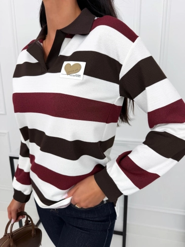 Czekoladowo-Bordowa Bluzka Polo w Paski 15206-76-B