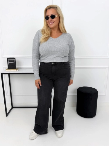 Grafitowe Jeansowe Spodnie Wide Leg 15367-93-A