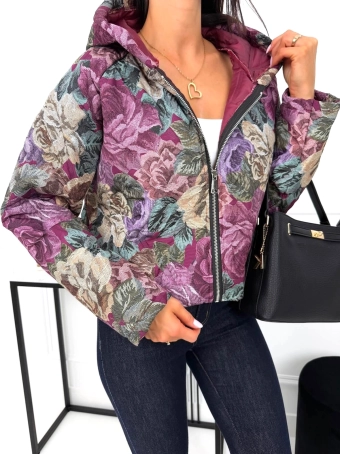 Burgundowa Przejściowa Kurtka w Kwiaty 15436-79-A